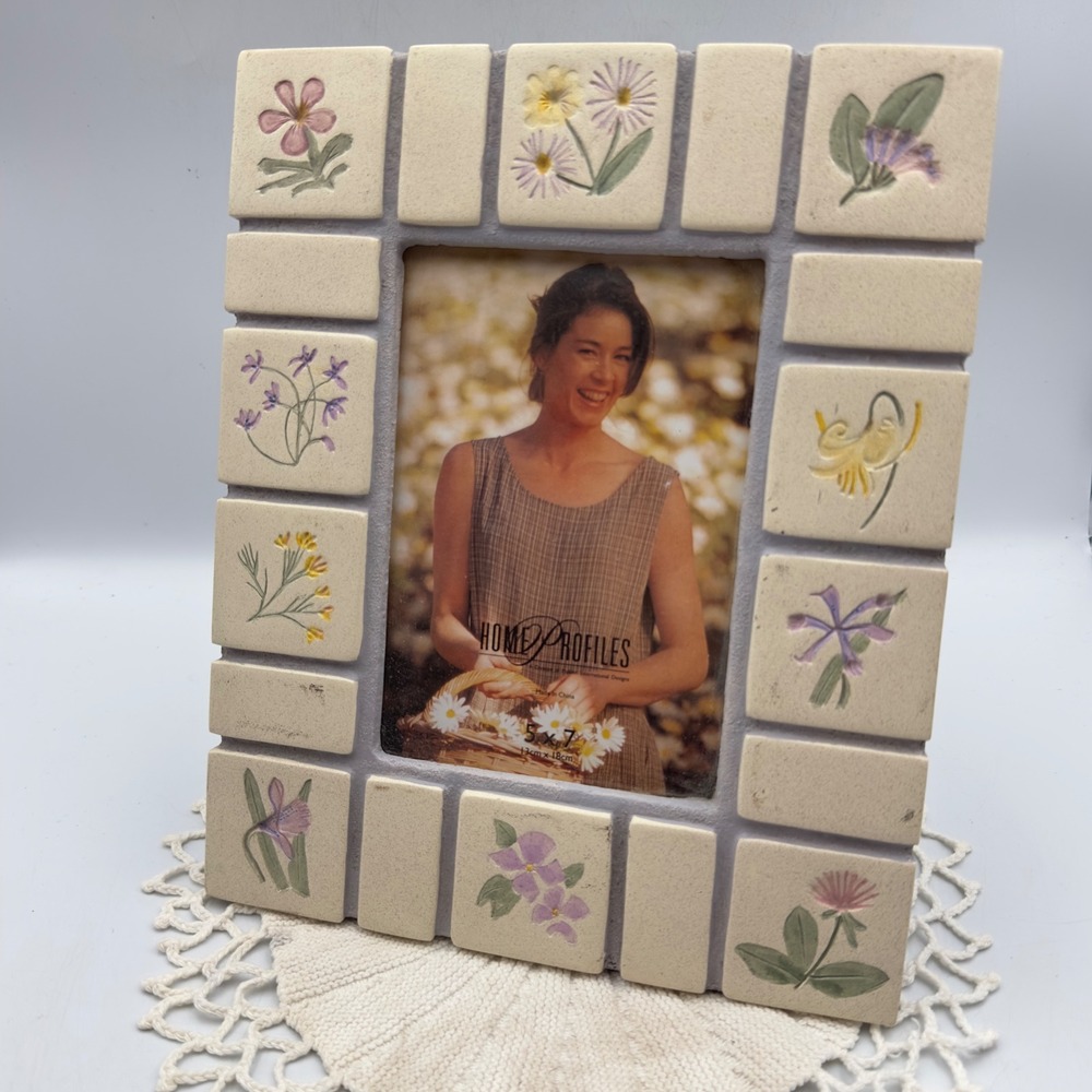Home Profiles Ceramic Floral Mosaic Picture Frame Cream Lavender 5x7 Cottagecore